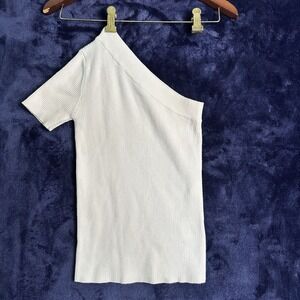 Vestique Top Blouse Size S One Shoulder Short Sleeve Ribbed White